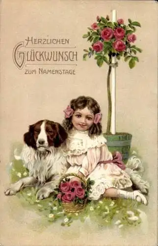 Ak Glückwunsch Namenstag, Mädchen, Hund, Rosen