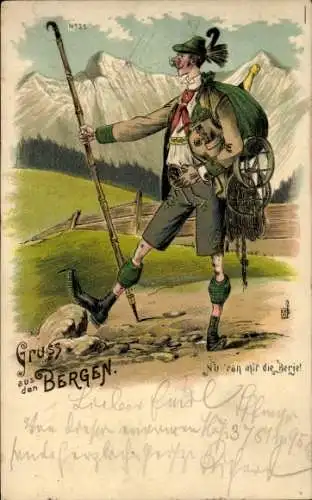 Litho Berge, Wanderer, Gehstock, Nu ran mir die Berge