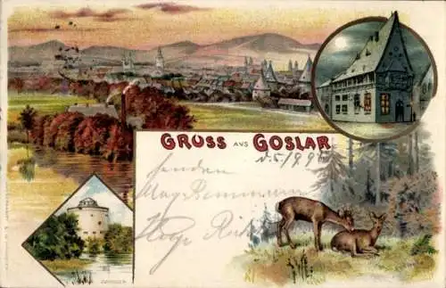 Litho Goslar am Harz, Gesamtansicht, Zwinger, Patrizierhaus Brusttuch