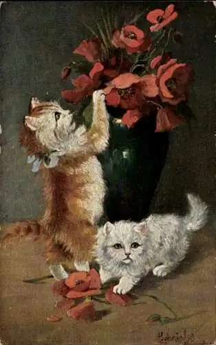 Künstler Ak Katzen spielen mit Blumen, Blumenvase