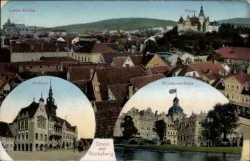 Ak Bückeburg im Kreis Schaumburg, Panorama mit Palais und Lutherkirche, Rathaus, Residenzschloss