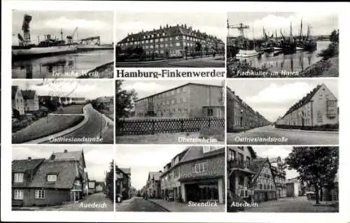 Ak Hamburg Elbe Finkenwerder, Deutsche Werft, Hafen, Ostfrieslandstraße, Auedeich, Steendiek