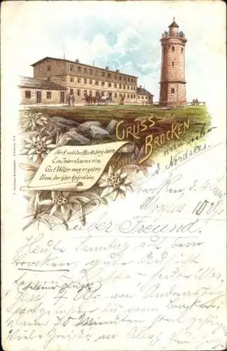 Vorläufer Litho Brocken Nationalpark Harz, Brockenhotel, Aussichtsturm, 1895