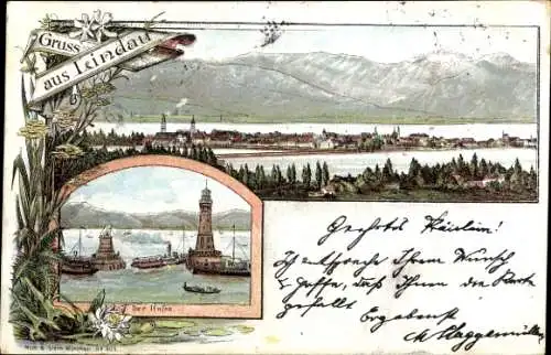 Litho Lindau in Bodensee Schwaben, Der Hafen, Leuchtturm, Panorama