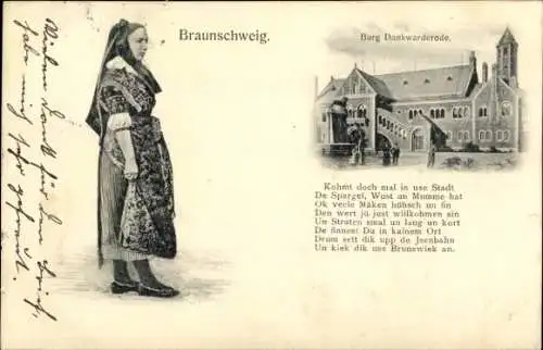 Ak Braunschweig in Niedersachsen, Burg Dankwarderode, Gedicht, Frau in Tracht