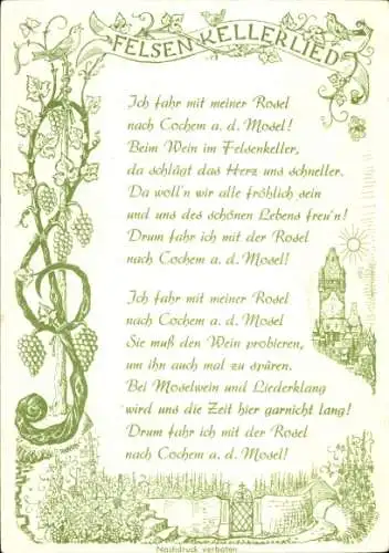 Lied Ak Cochem an der Mosel, Felsenkellerlied, Weinkellerei Jos. Laux