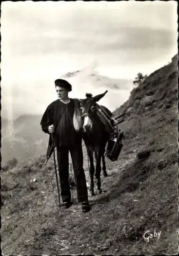 Ak Le Bearn Pyrénées Atlantiques, Hirte mit Esel