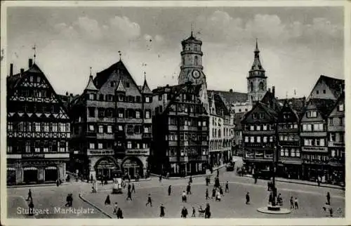 Ak Stuttgart in Württemberg, Marktplatz, Geschäfte, Passanten