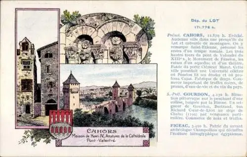 Künstler Ak Cahors Lot, Maison Henri IV, Amatures de la Cathédrale, Pont Valentré, Pastilles Valda