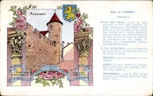 Künstler Ak Auxerre Yonne, Stadtmauer, Stadtwappen, Rosen, Friese aus der Kirche