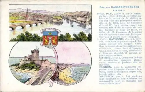 Litho Bayonne Pyrénées Atlantiques, Panorama, Biarritz, Tour de Socoa, Wappen