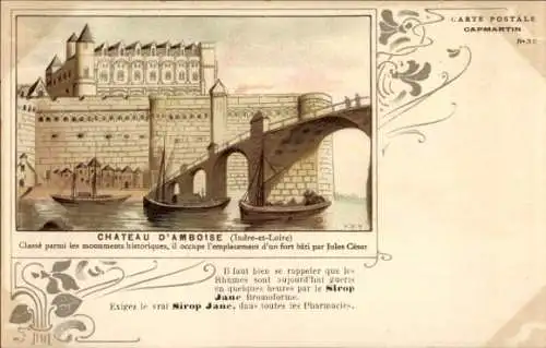 Litho Amboise Indre et Loire, Ansicht des Schlosses, Brücke