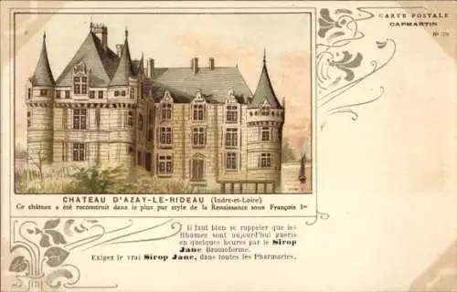 Litho Azay le Rideau Indre et Loire, Château, Renaissance, Francois 1er