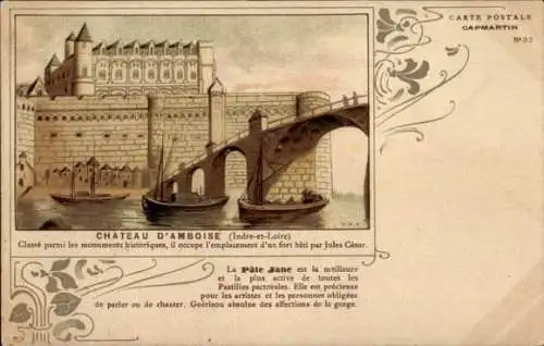 Litho Amboise Indre et Loire, Ansicht des Schlosses, Brücke