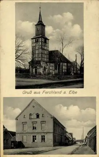 Ak Ferchland an der Elbe, Kirche, Straßenpartie