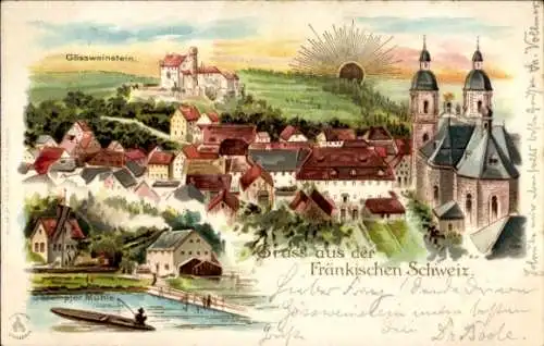 Sonnenschein Litho Gößweinstein in Oberfranken, Basilika, Burg, Stempfermühle