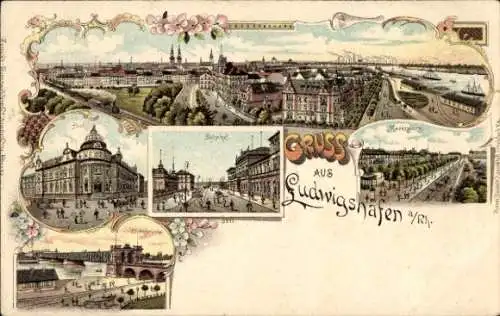 Litho Ludwigshafen am Rhein, Panorama, Post, Bahnhof, Rheinbrücke, Marktplatz