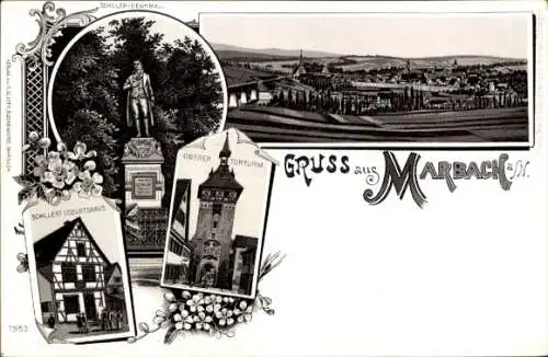 Litho Marbach am Neckar, Panorama, Oberer Torturm, Schillers Geburtshaus, Schiller-Denkmal