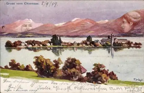 Künstler Ak Hass, Fritz, Gruß vom Chiemsee, Fraueninsel, Berggesichter, Killinger Nr. 200