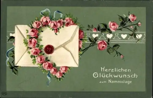 Präge Ak Glückwunsch Namenstag, Rosen, Umschlag, Schleife