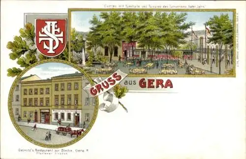 Litho Gera in Thüringen, Turnhalle, Turnverein Vater Jahn, Geinitz's Restaurant zur Bleibe