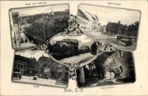 Ak Roda Stadtroda in Thüringen, Hotel Hirsch, Blick vom Steinweg, Markt, Klosterruine, Kurhaus