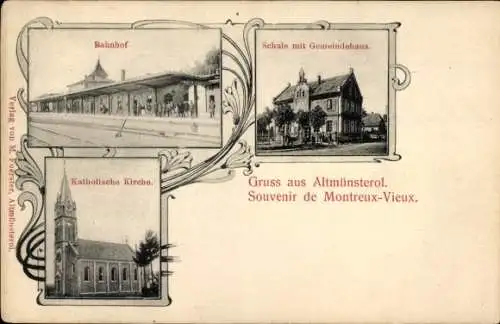 Ak Montreux Vieux Altmünsterol Elsass Haut Rhin, Bahnhof, Schule, Gemeindehaus, Kath. Kirche