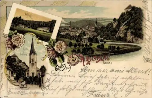 Litho Hirschberg an der Saale, Gesamtansicht, Waldlust, Kirche, Schloss