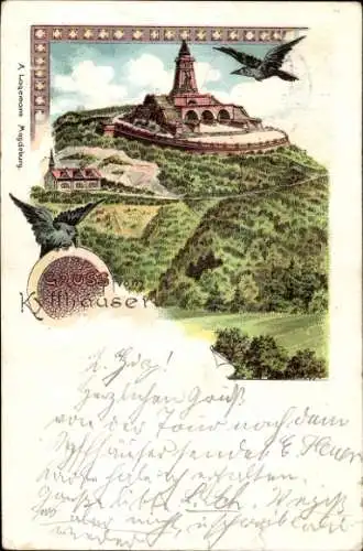 Litho Steinthaleben Kyffhäuserland in Thüringen, Kyffhäuser, Kaiser Wilhelm Denkmal, Raben, Kirche