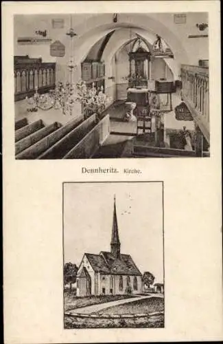 Ak Dennheritz im Landkreis Zwickau in Sachsen, Innen und Außenansicht der Kirche