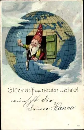 Ak Glückwunsch Neujahr, Zwerg, Globus