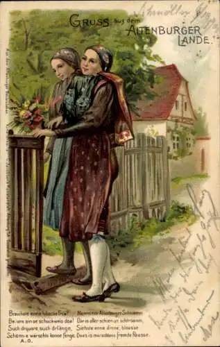 Litho Gruss aus dem Altenburger Lande, Frauen in Tracht