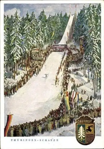 Ak Oberhof im Thüringer Wald, Thüringen Schanze, Skispringer, Zuschauer, Wappen