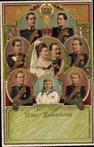 Präge Litho Unser Kaiserhaus, Kaiser Wilhelm II. von Preußen, Kaiserin Auguste Viktoria, Kinder