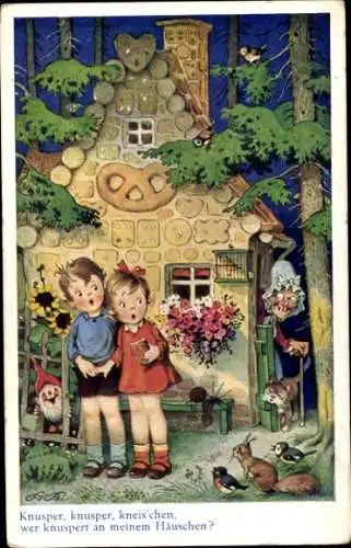 Künstler Ak Baumgarten, Fritz, Hänsel und Gretel, Hexe, Knusper, knusper, kneischen