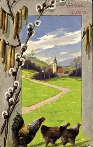 Künstler Ak Mailick, Glückwunsch Ostern, Landschaft, Kirche, Hühner, Weidenkätzchen