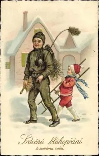 Litho Neujahr, Schornsteinfeger, Kind