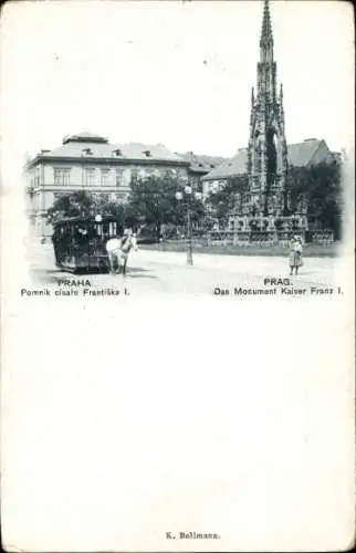 Ak Praha Prag Tschechien, Monument Kaiser Franz I., Pferdebahn