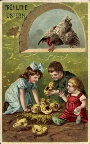 Künstler Ak Glückwunsch Ostern, Kinder, Küken, Henne