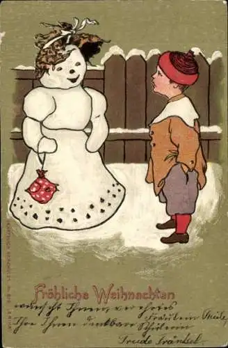 Präge Ak Glückwunsch Weihnachten, Schneemann, Junge, Erika 826