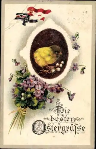 Präge Ak Fröhliche Ostern, Küken, Veilchen, Flaggen