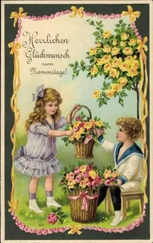 Präge Ak Glückwunsch zum Namenstag, Zwei Kinder, Körbe mit Blumen