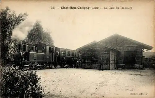 Ak Châtillon Coligny Loiret, Straßenbahn-Bahnhof, Dampflokomotive