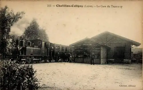 Ak Châtillon Coligny Loiret, Straßenbahn-Bahnhof, Dampflokomotive