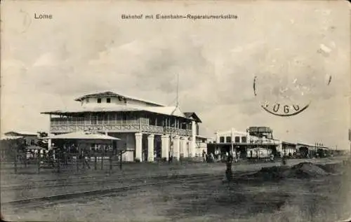 Ak Lome Togo, Bahnhof, Eisenbahn-Reparaturwerkstätte