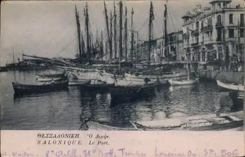 Ak Thessaloniki Griechenland, Hafen, Segelschiffe