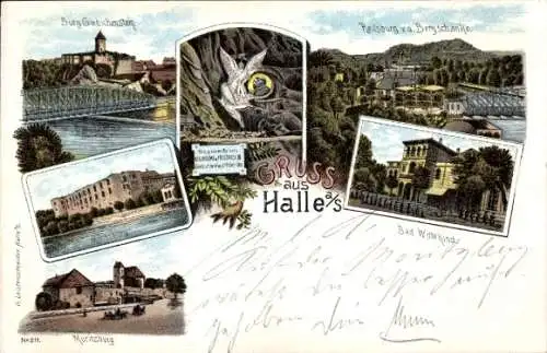 Litho Halle an d. Saale, Bad Wittekind, Reilsburg v. d. Bergschenke, Moritzburg, Burg Giebichenstein