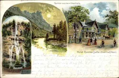Litho Oker Goslar am Harz, Hotel Romkerhalle, Romker Wasserfall, Rabenklippe im Okertal