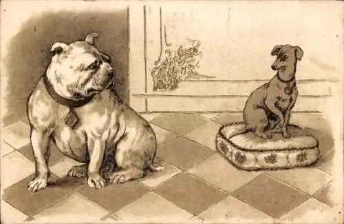 Litho Zwei Hunde, Bulldogge, Terrier auf einem Kissen