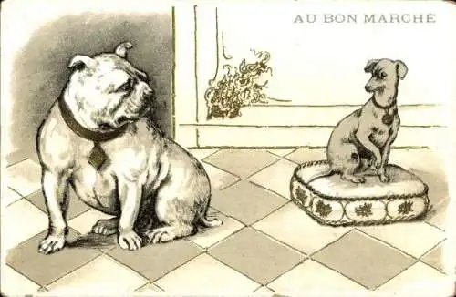 Litho Zwei Hunde, Bulldogge, Terrier auf einem Kissen, Reklame, Au Bon Marche, Paris